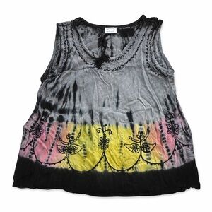 India Boutique Black Tie-Dye Tank with Pink & Yellow Accent